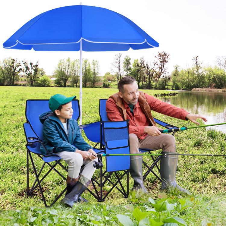 Silla Doble Plegable para Camping con Sombrilla Desmontable | Nevera Integrada, Portavasos y Bolsa de Transporte