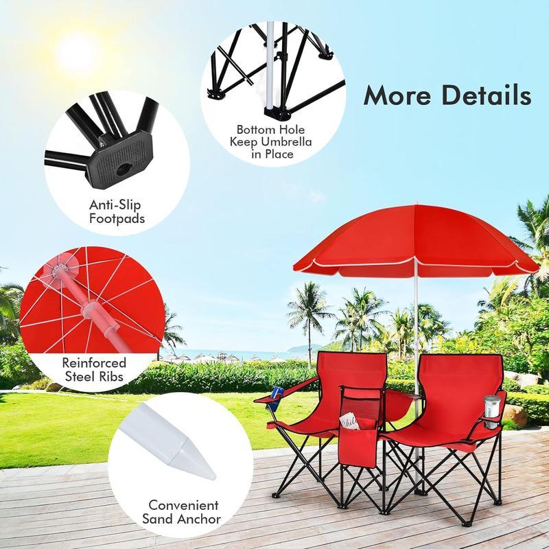 Silla Doble Plegable para Camping con Sombrilla Desmontable | Nevera Integrada, Portavasos y Bolsa de Transporte