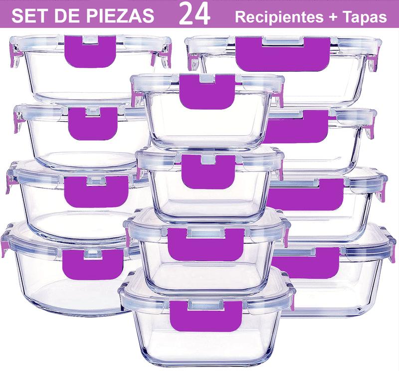Set de 24 Recipientes de Cristal para Alimentos | 12 Recipientes + 12 Tapas, Aptos para Lavavajillas