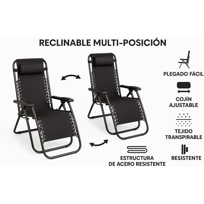 Pack de 2 Tumbonas Plegables Reclinables | Multiposición, con Cojín y Estructura de Acero para Jardín y Terraza