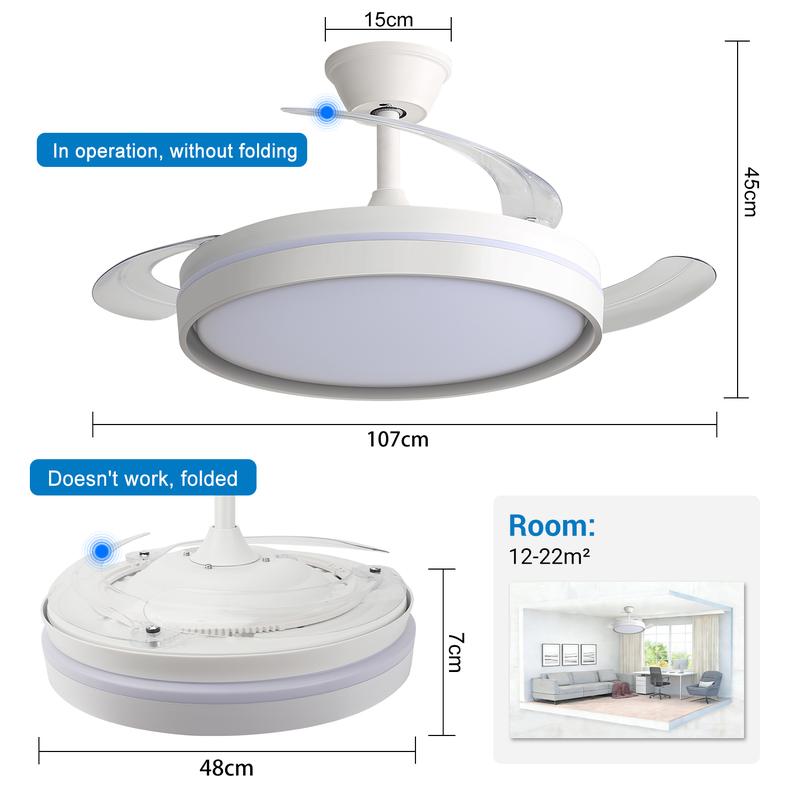Ventilatore da Soffitto LED con Pale Pieghevoli, Telecomando, 6 Velocità, Silenzioso, Luce 3 Colori Estate/Inverno