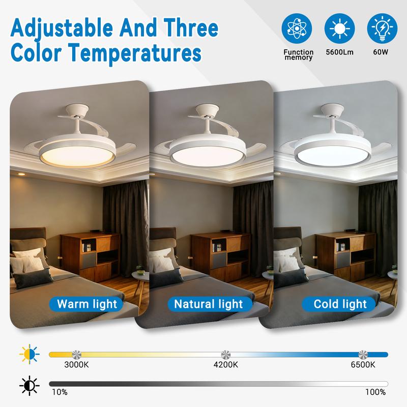 Ventilatore da Soffitto LED con Pale Pieghevoli, Telecomando, 6 Velocità, Silenzioso, Luce 3 Colori Estate/Inverno