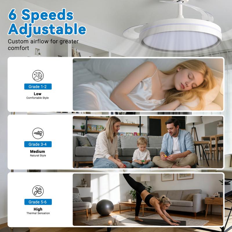 Ventilatore da Soffitto LED con Pale Pieghevoli, Telecomando, 6 Velocità, Silenzioso, Luce 3 Colori Estate/Inverno