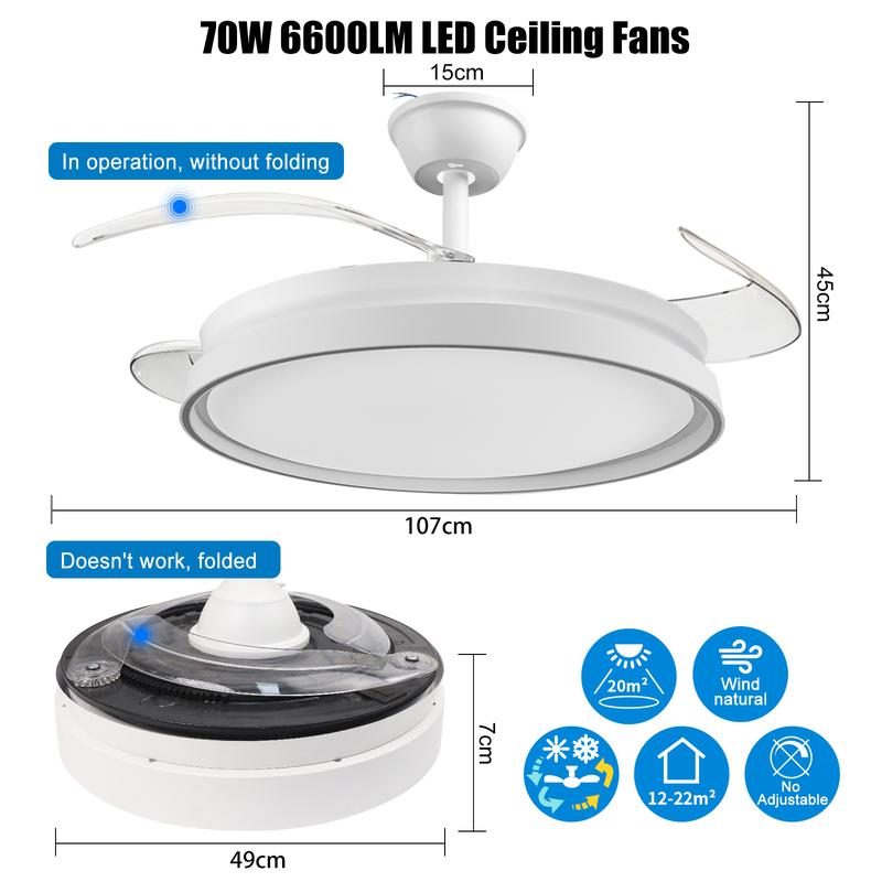 Ventilatore da Soffitto LED con Pale Pieghevoli, Telecomando, 6 Velocità, Silenzioso, Luce 3 Colori Estate/Inverno