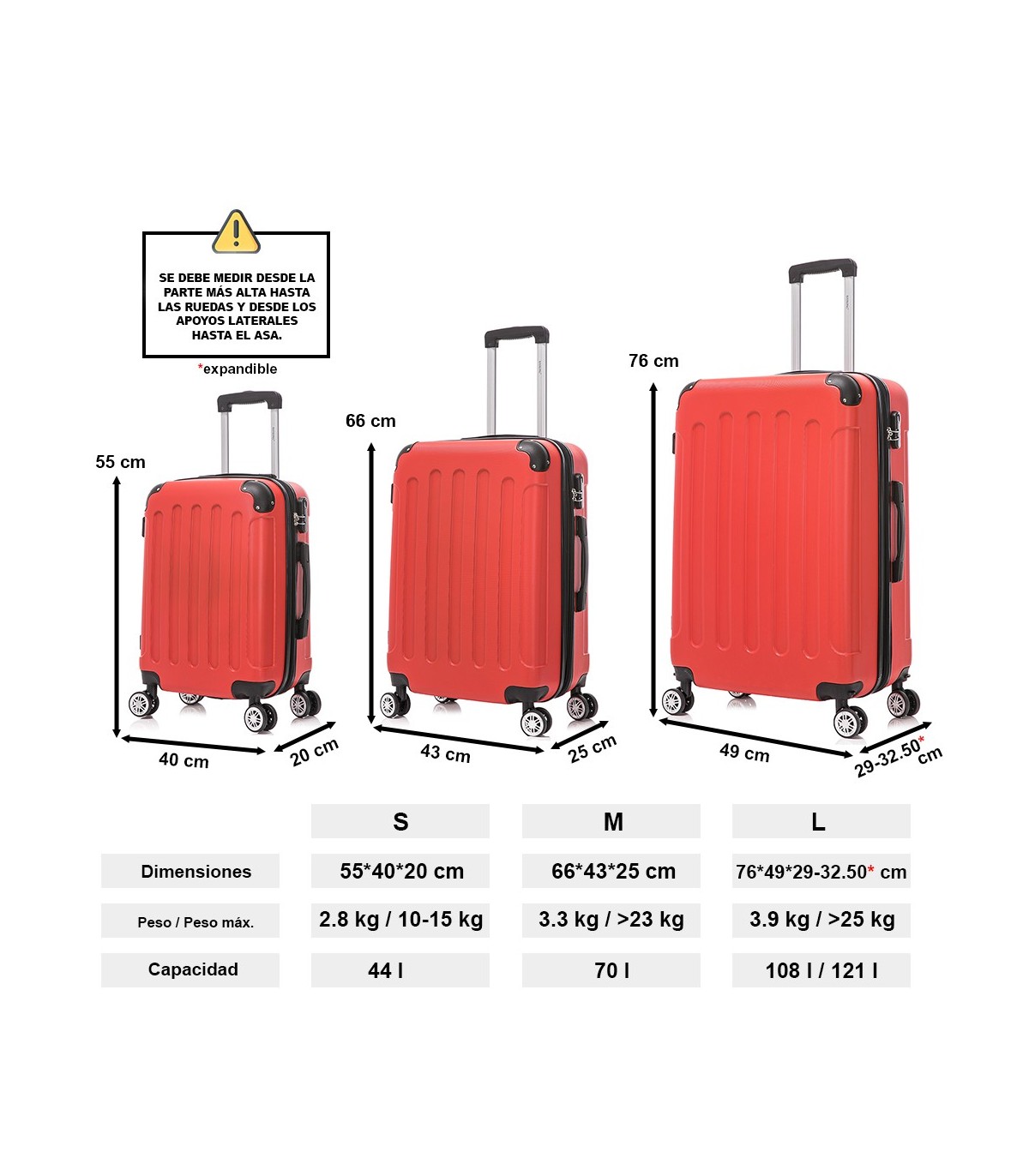 Juego de 3 Maletas de Viaje | ABS Resistente, Cabina 55 cm, Mediana 66 cm y Grande 76 cm