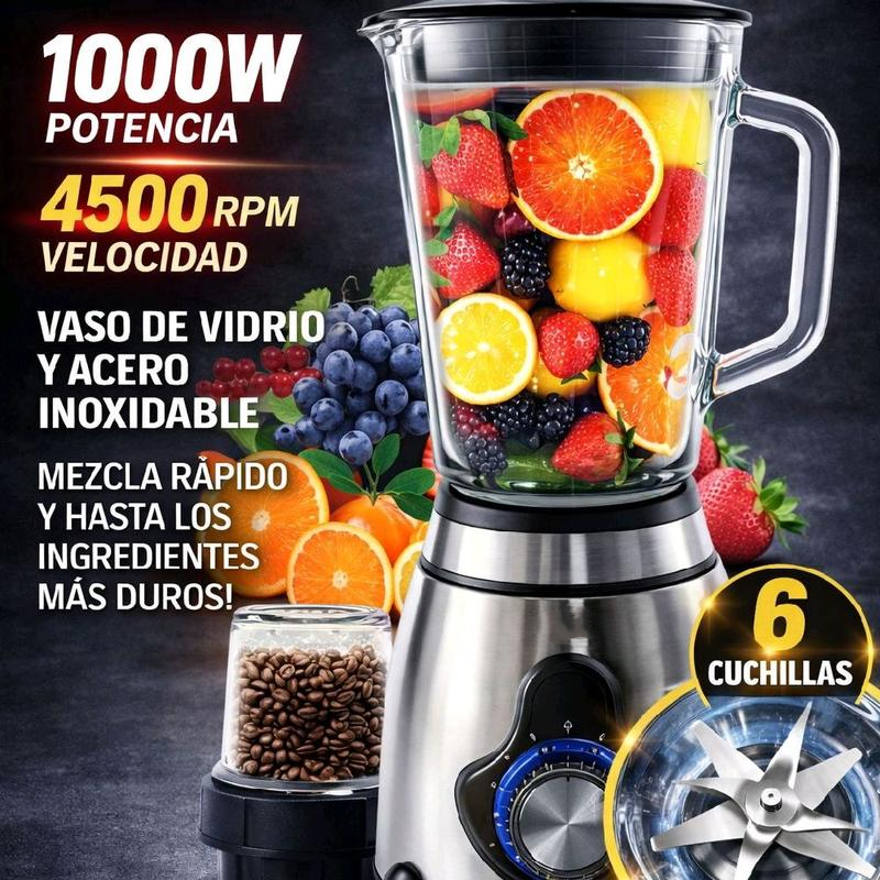 Licuadora 1000W | 6 Aspas de Acero Inoxidable, 4500 RPM, Ideal para Batidos y Smoothies