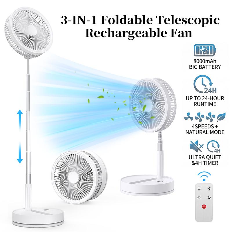 Ventilador Portátil Recargable 8000 mAh | Plegable, Extensible, 4 Velocidades, Mando a Distancia y Temporizador