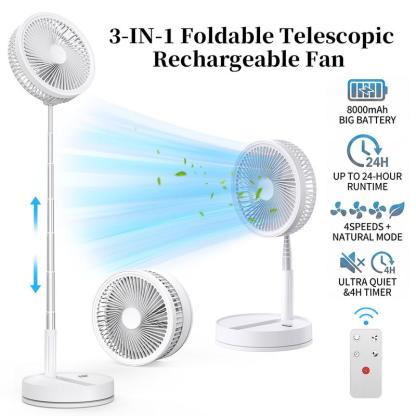Ventilador Portátil Recargable 8000 mAh | Plegable, Extensible, 4 Velocidades, Mando a Distancia y Temporizador