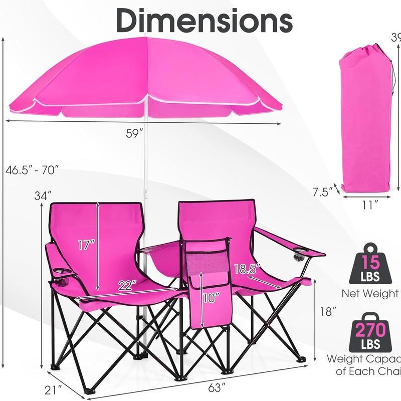 Silla Doble Plegable para Camping con Sombrilla Desmontable | Nevera Integrada, Portavasos y Bolsa de Transporte
