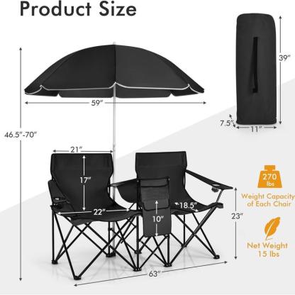 Silla Doble Plegable para Camping con Sombrilla Desmontable | Nevera Integrada, Portavasos y Bolsa de Transporte