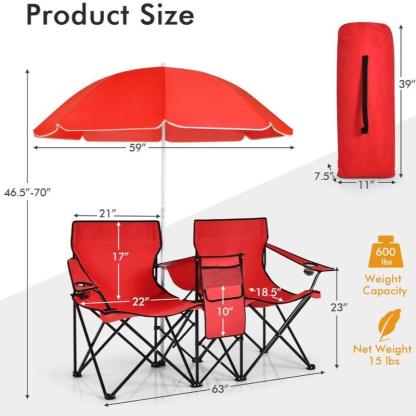 Silla Doble Plegable para Camping con Sombrilla Desmontable | Nevera Integrada, Portavasos y Bolsa de Transporte
