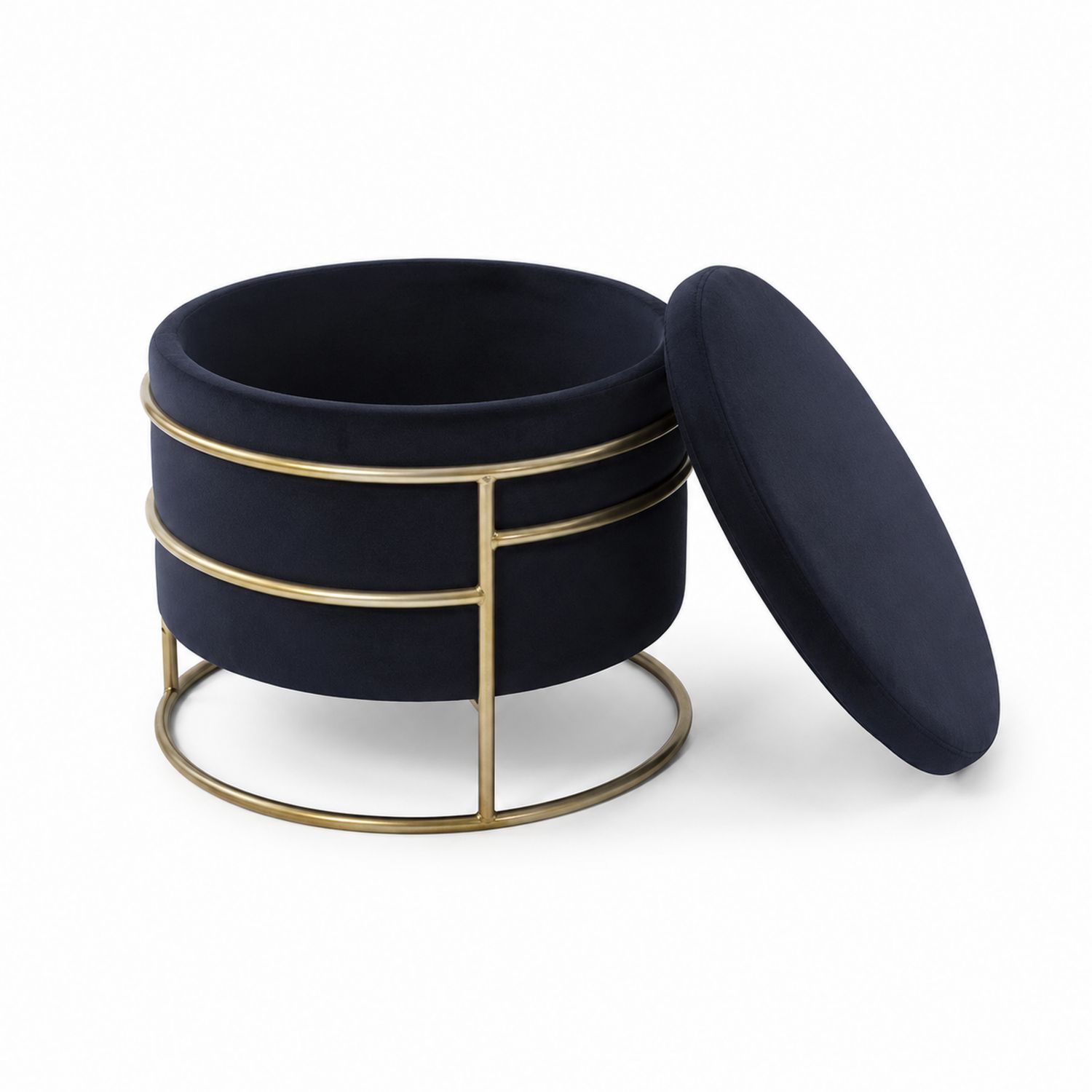 Pouf Rotondo in Tessuto con Struttura in Metallo Blu