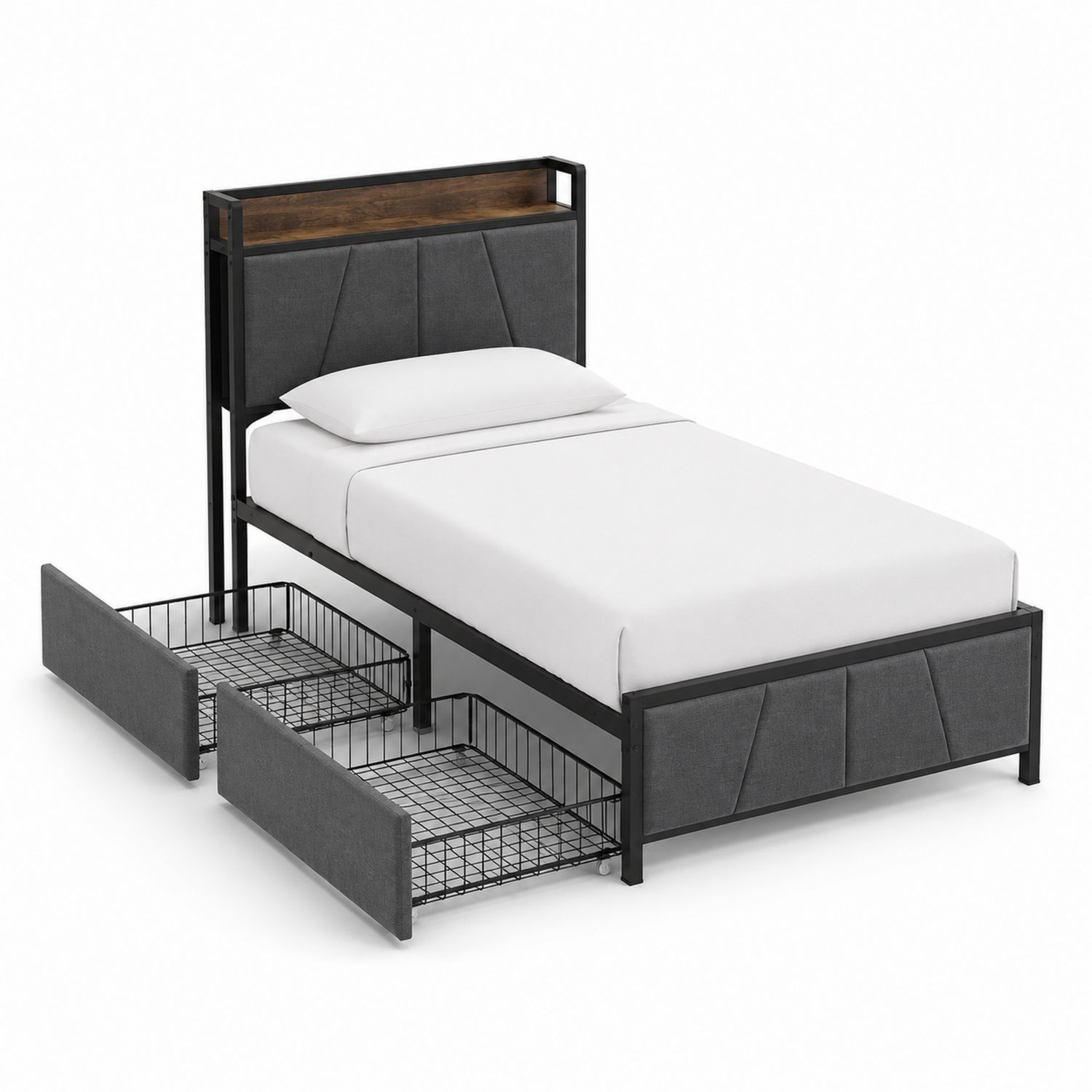 Letto Singolo in Metallo con Cassetti e Testiera in Poliestere Grigio