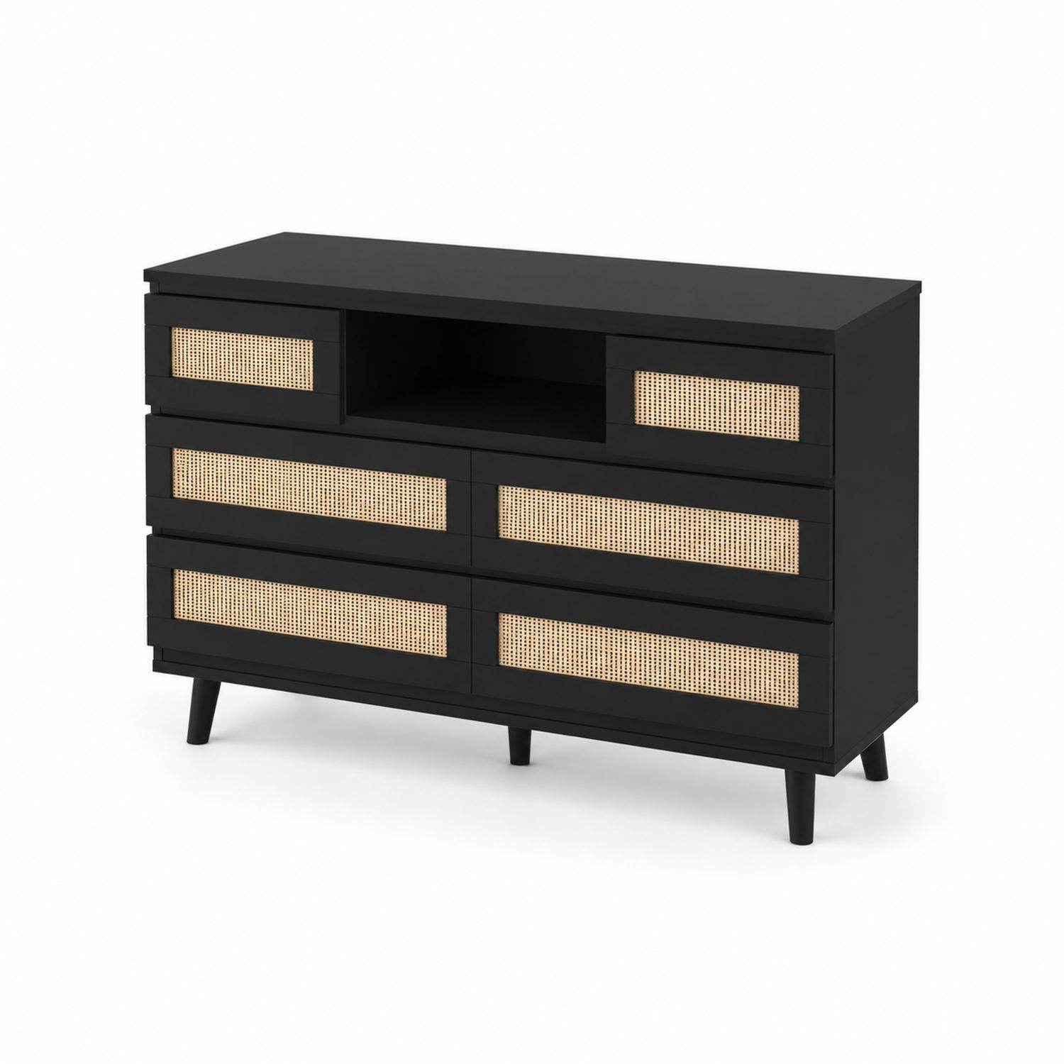 Cassettiera in legno e rattan nera 120 cm