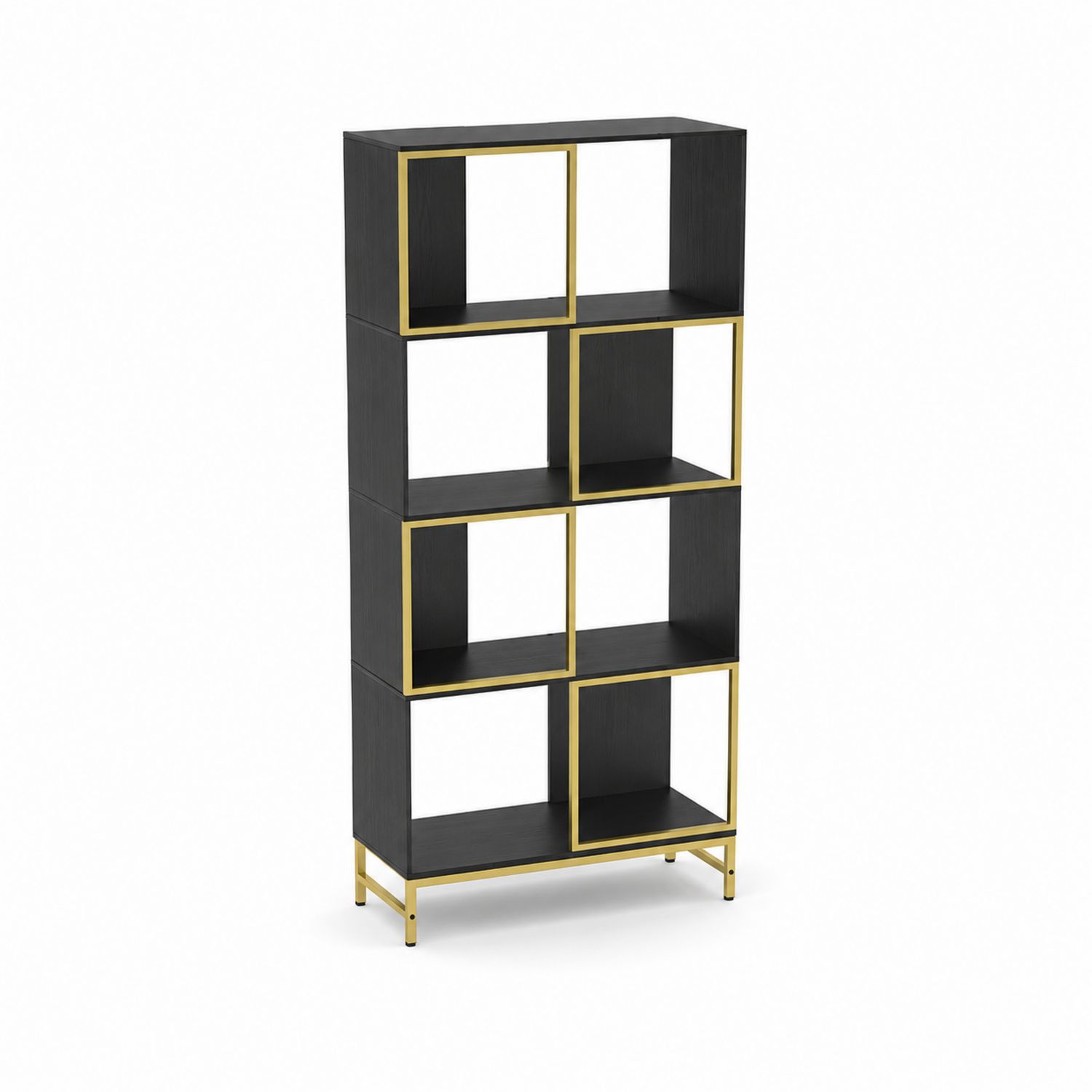 Libreria modulare 5 ripiani legno nero e metallo dorato