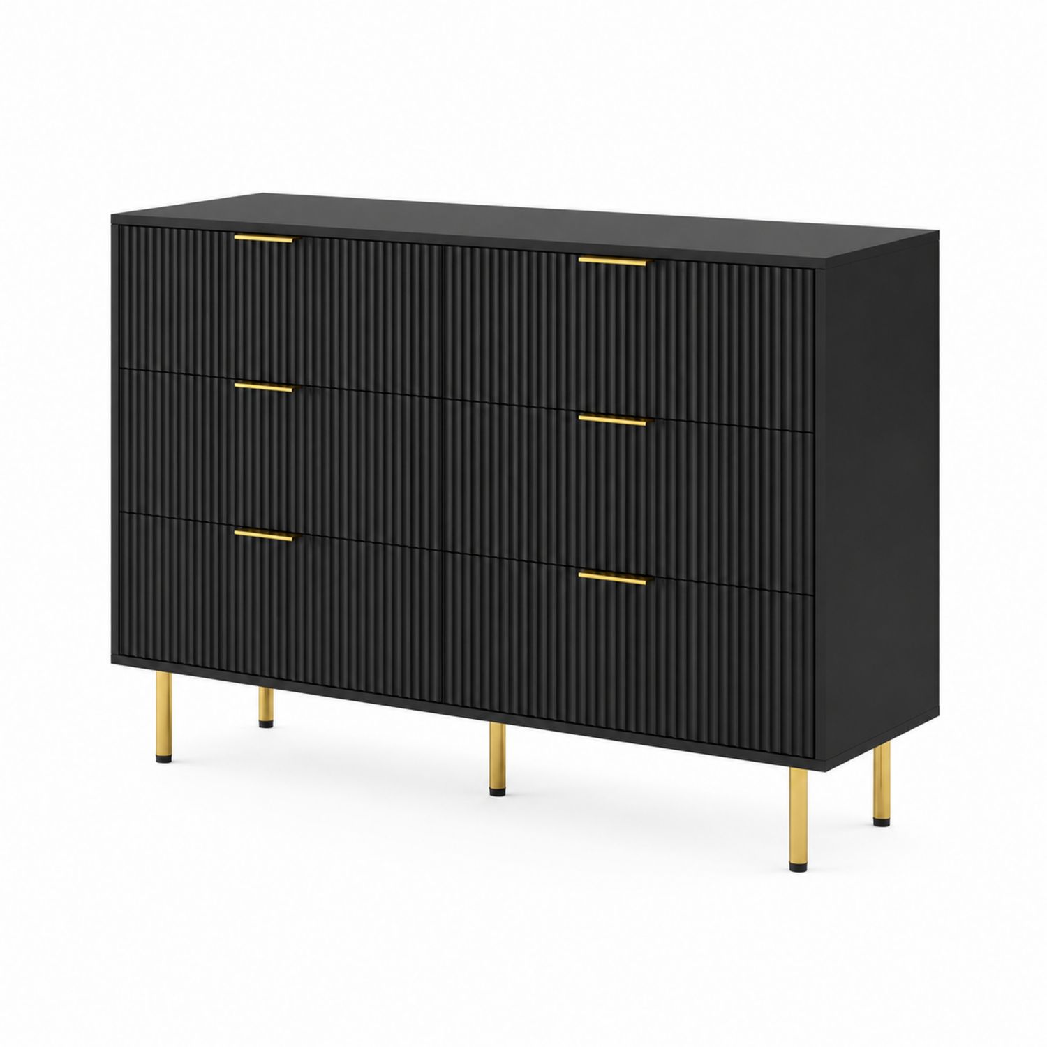 Cassettiera in legno nero con gambe in acciaio dorato