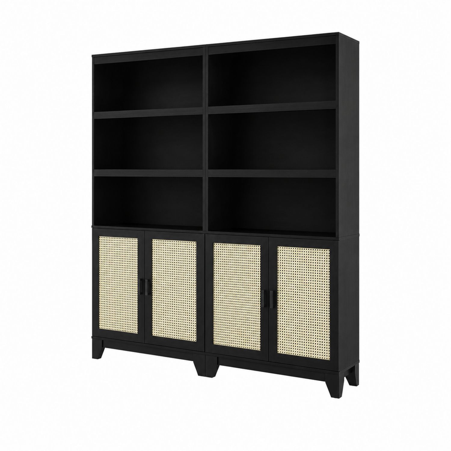 Libreria in Legno e Rattan con Ante in Rattan Nero
