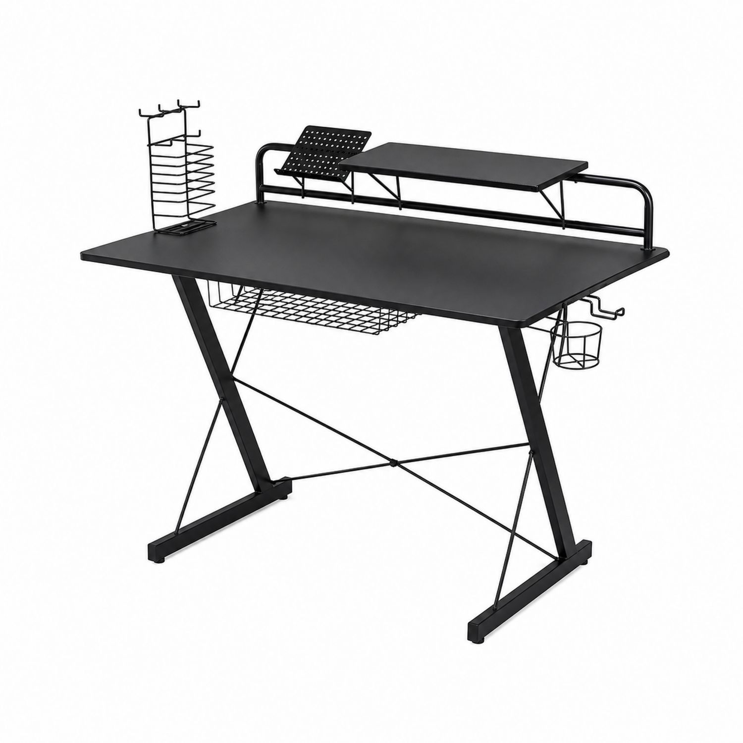 Scrivania in Metallo Nero con Mensola e Supporti, 120x60x75 cm