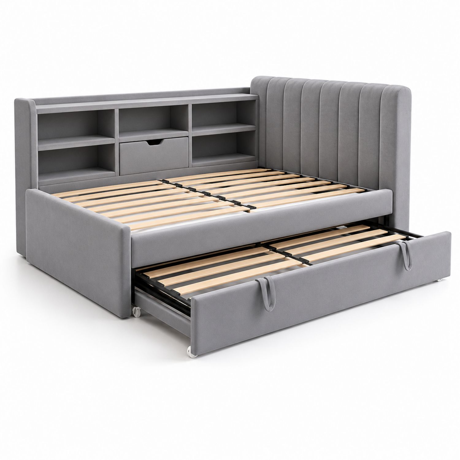 Letto in Velluto con Contenitore e Libreria Grigio