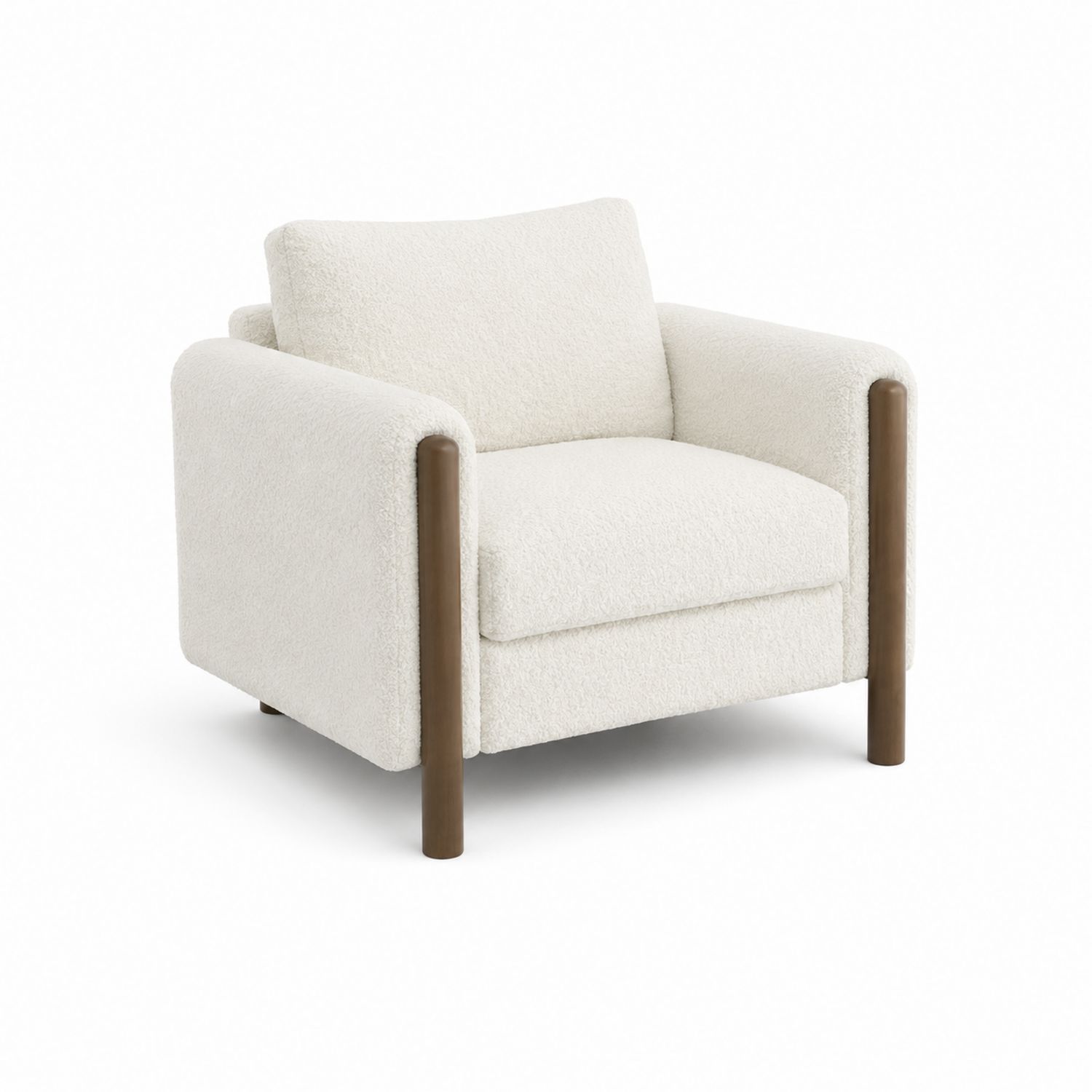 Poltrona in tessuto bouclé bianco con gambe in legno massello