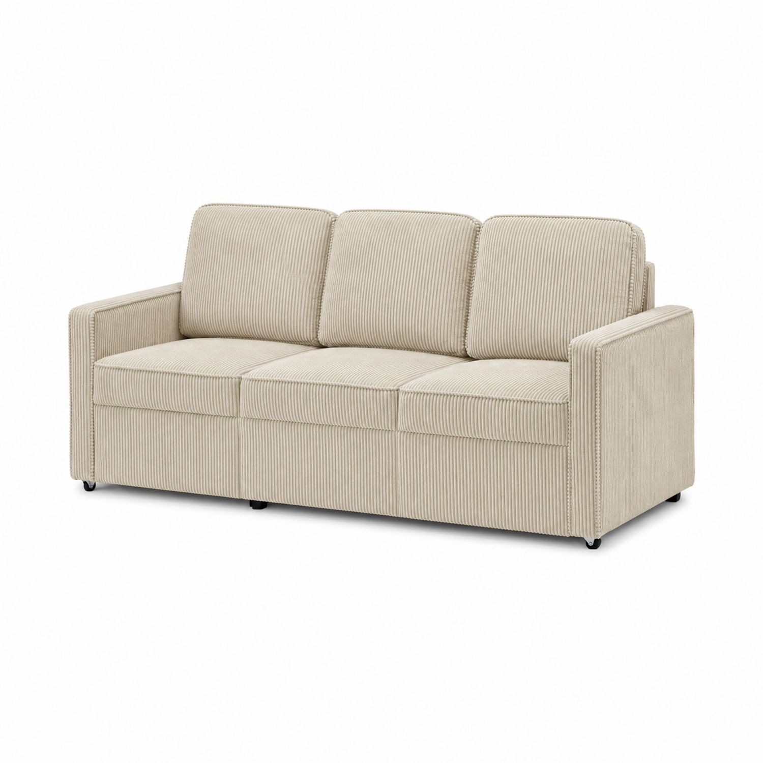 Divano 3 posti in velluto a coste beige con struttura in legno