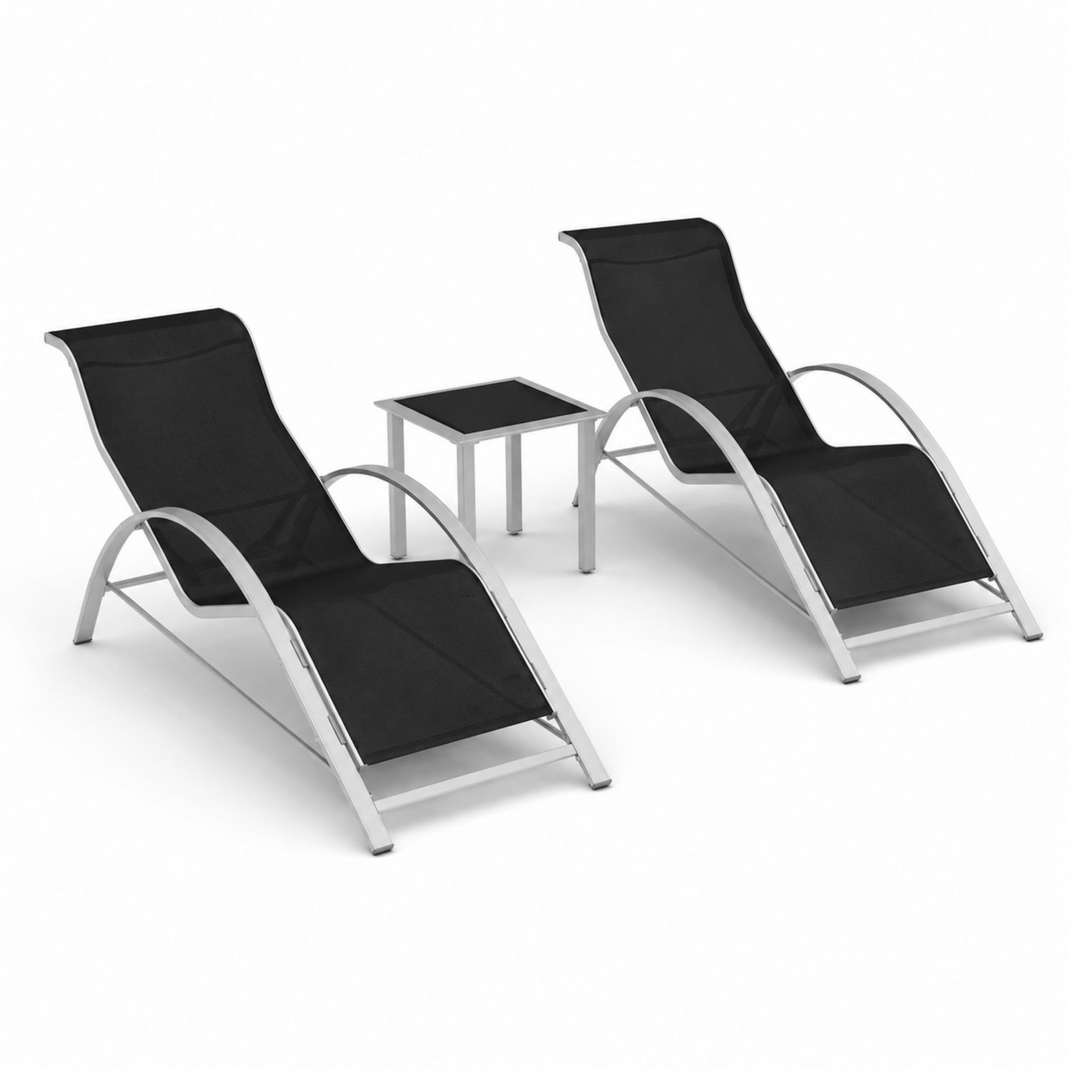Set di 2 Lettini in Alluminio e Tessuto Nero con Tavolino