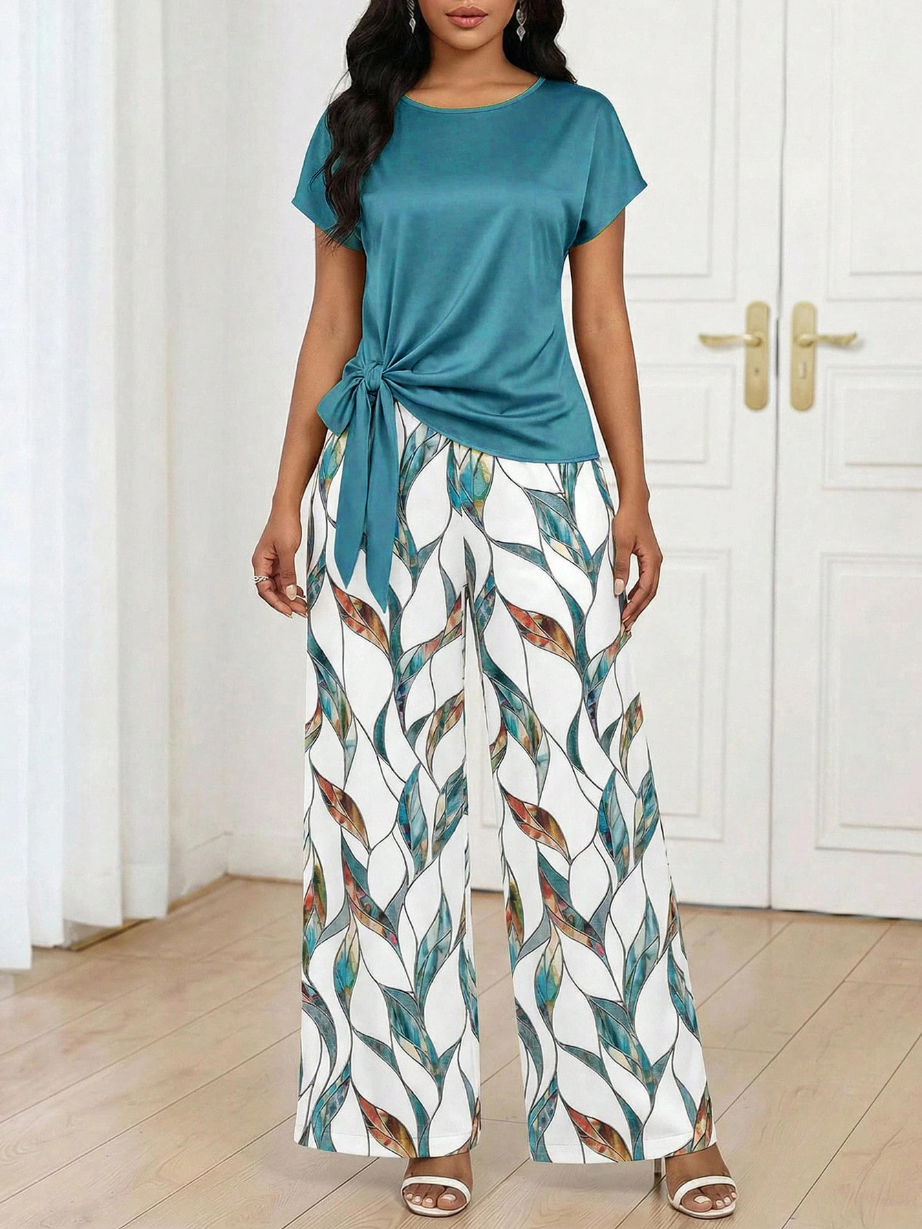 Women s Casual Printed Necktie Shirt & Loose Straight Pant Set