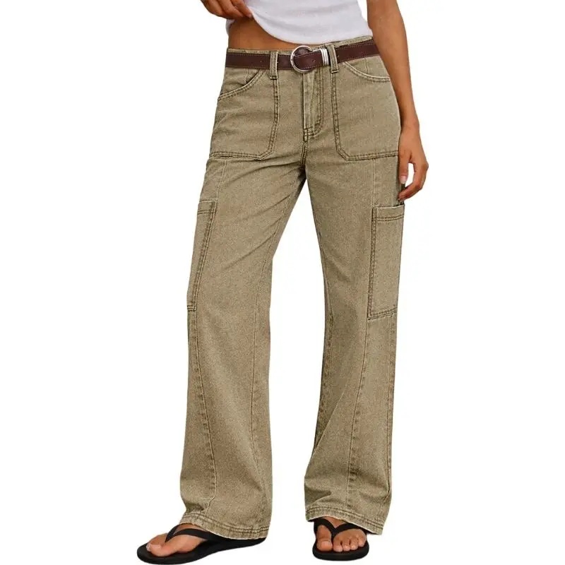 Stitch Detail Mid Waist Straight Leg Cargo Pants Without Belt