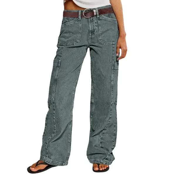 Stitch Detail Mid Waist Straight Leg Cargo Pants Without Belt