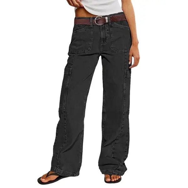 Stitch Detail Mid Waist Straight Leg Cargo Pants Without Belt