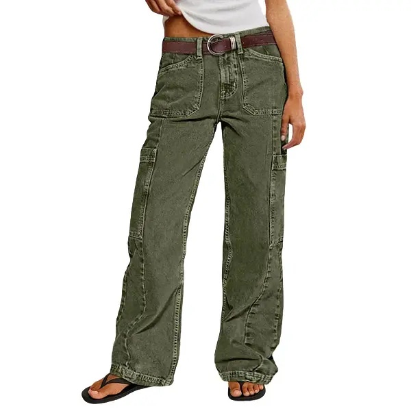 Stitch Detail Mid Waist Straight Leg Cargo Pants Without Belt