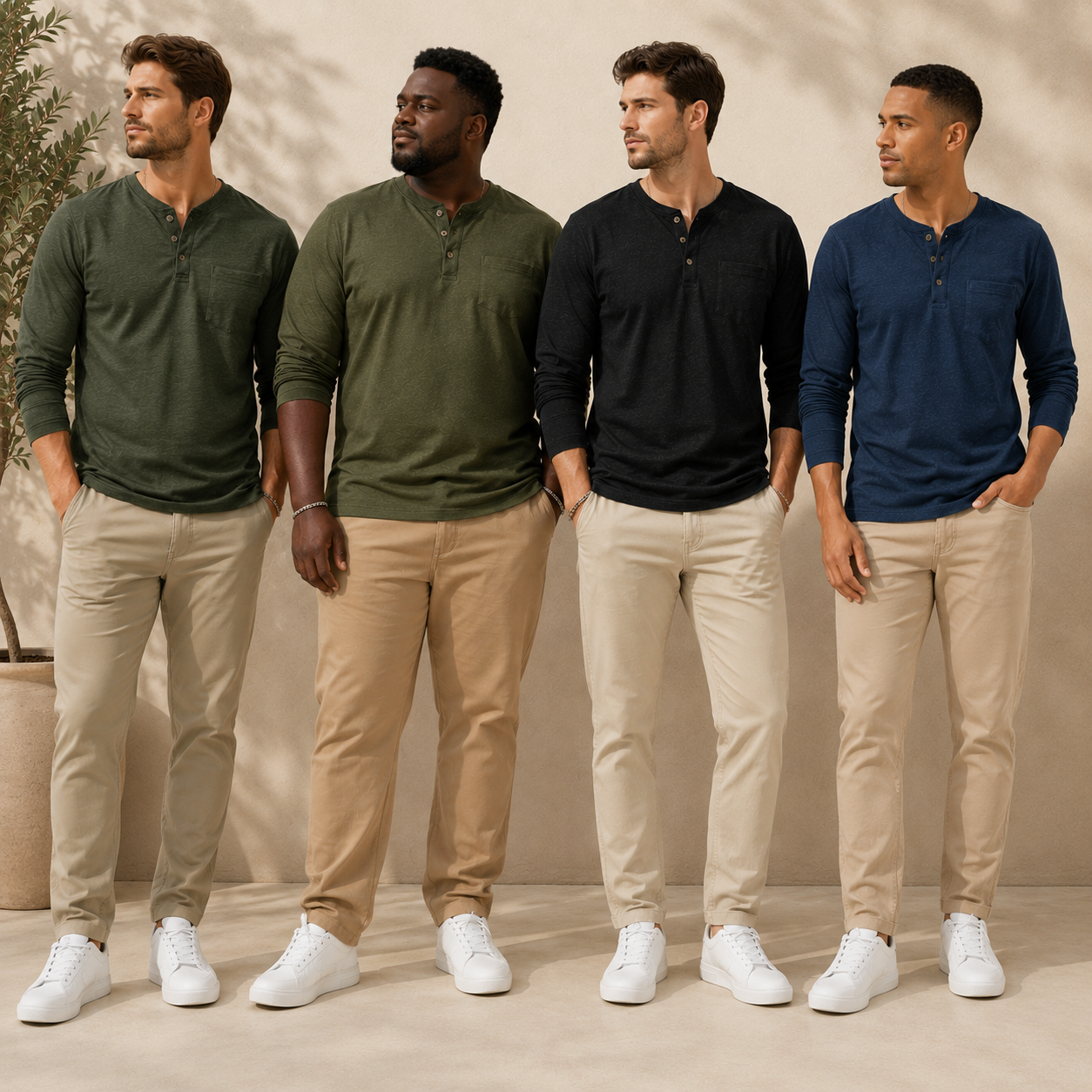 Four adult men wearing textured henley shirt color options