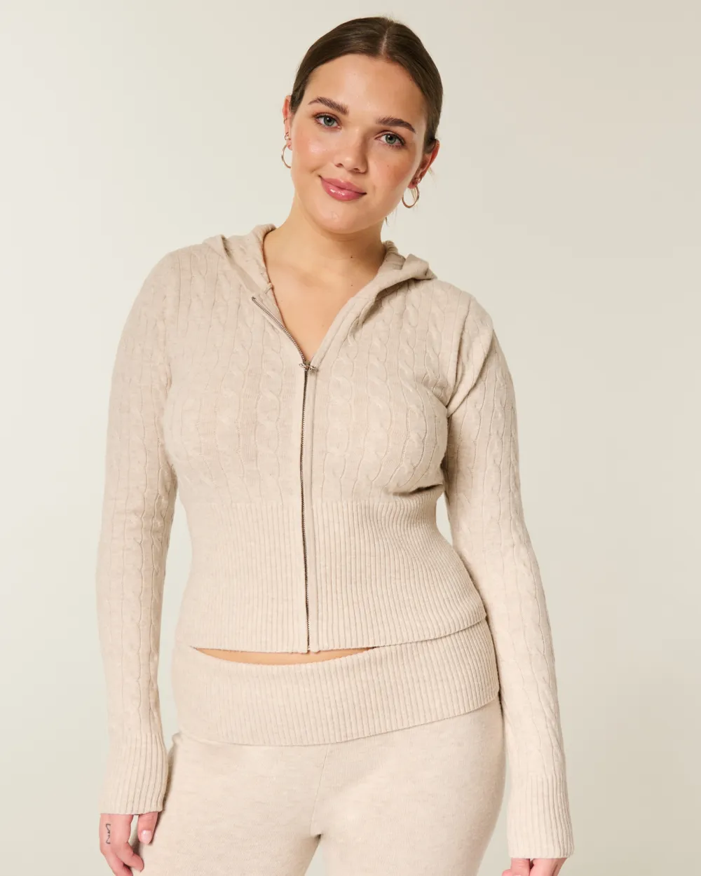 Cable-Knit Zip-Up Hoodie Sweater
