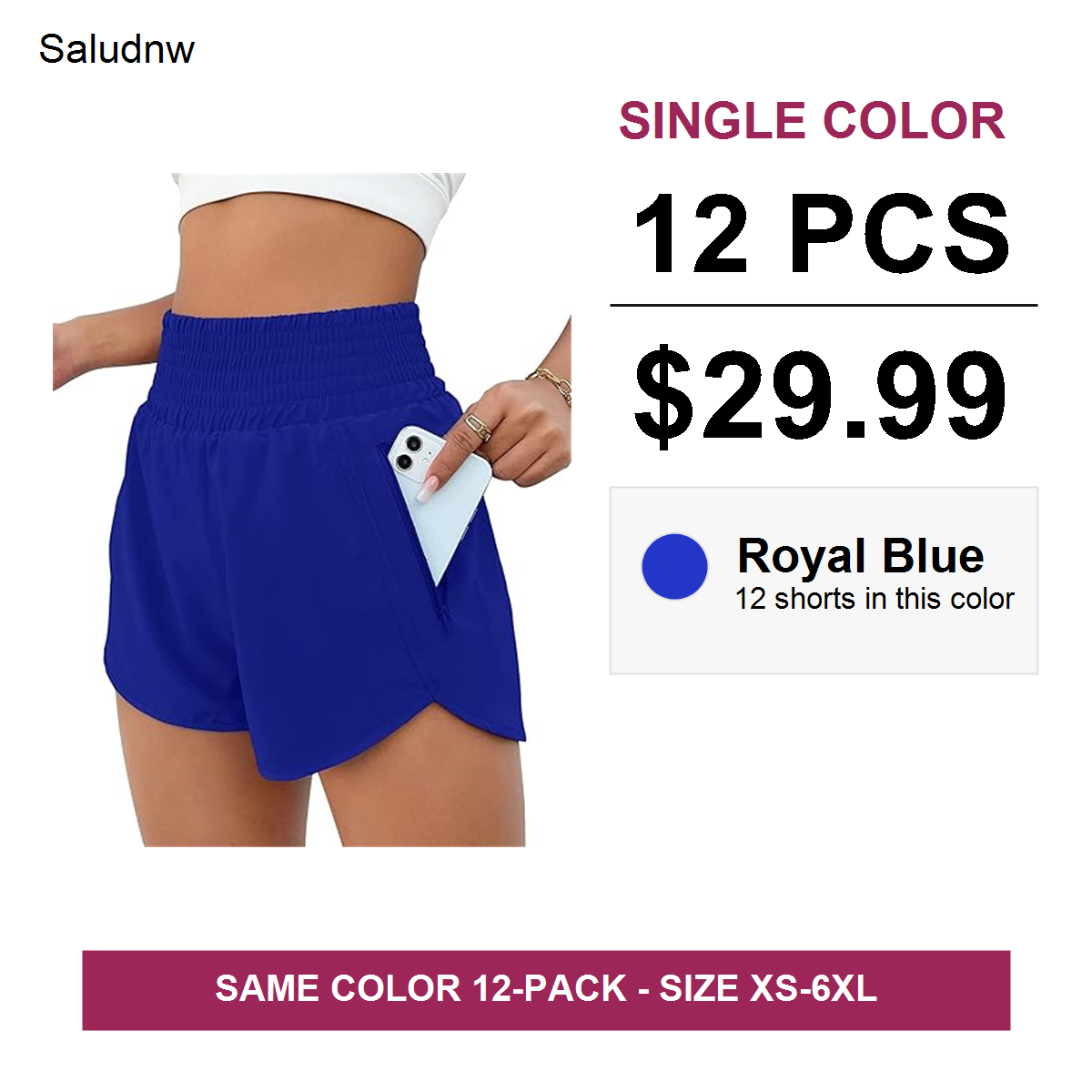 Single-color 12 pcs $29.99 women's athletic shorts - Royal Blue
