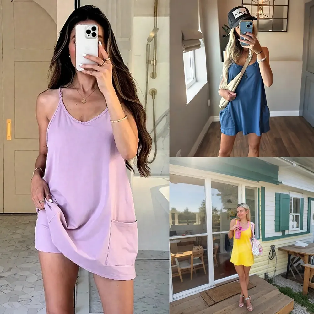 Women's Mini Dress V Neck Spaghetti Straps Built-in Shorts