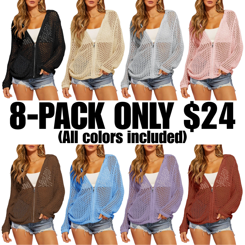 🔥Last Day of Sale🔥Women's Crochet Lightweight Cardigan Zip Up Hooded Knit Sweater