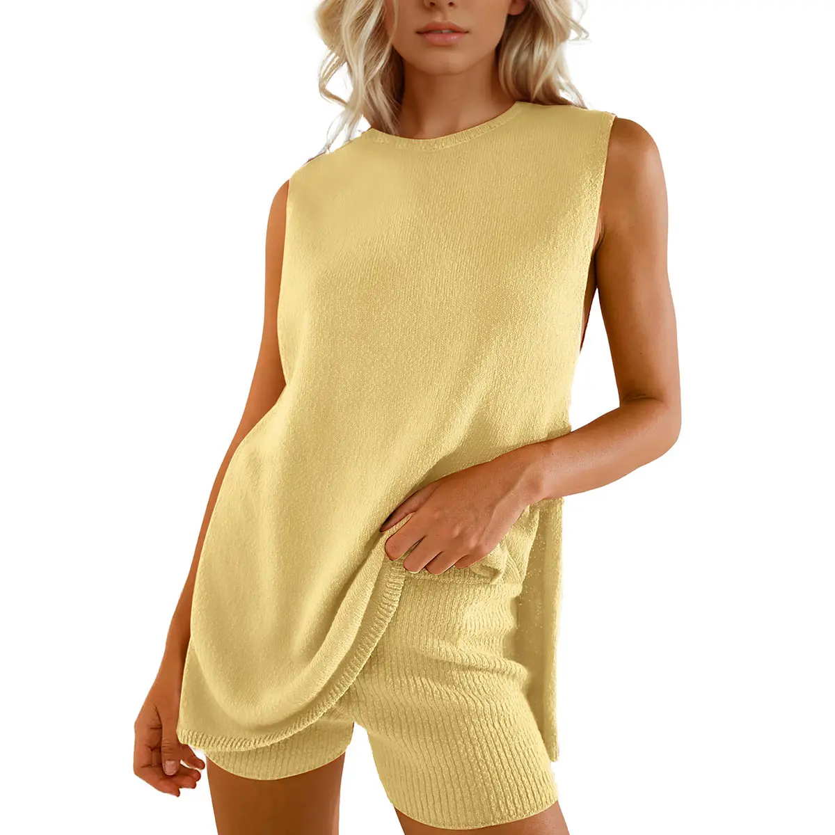 Light yellow sleeveless knit lounge set front view
