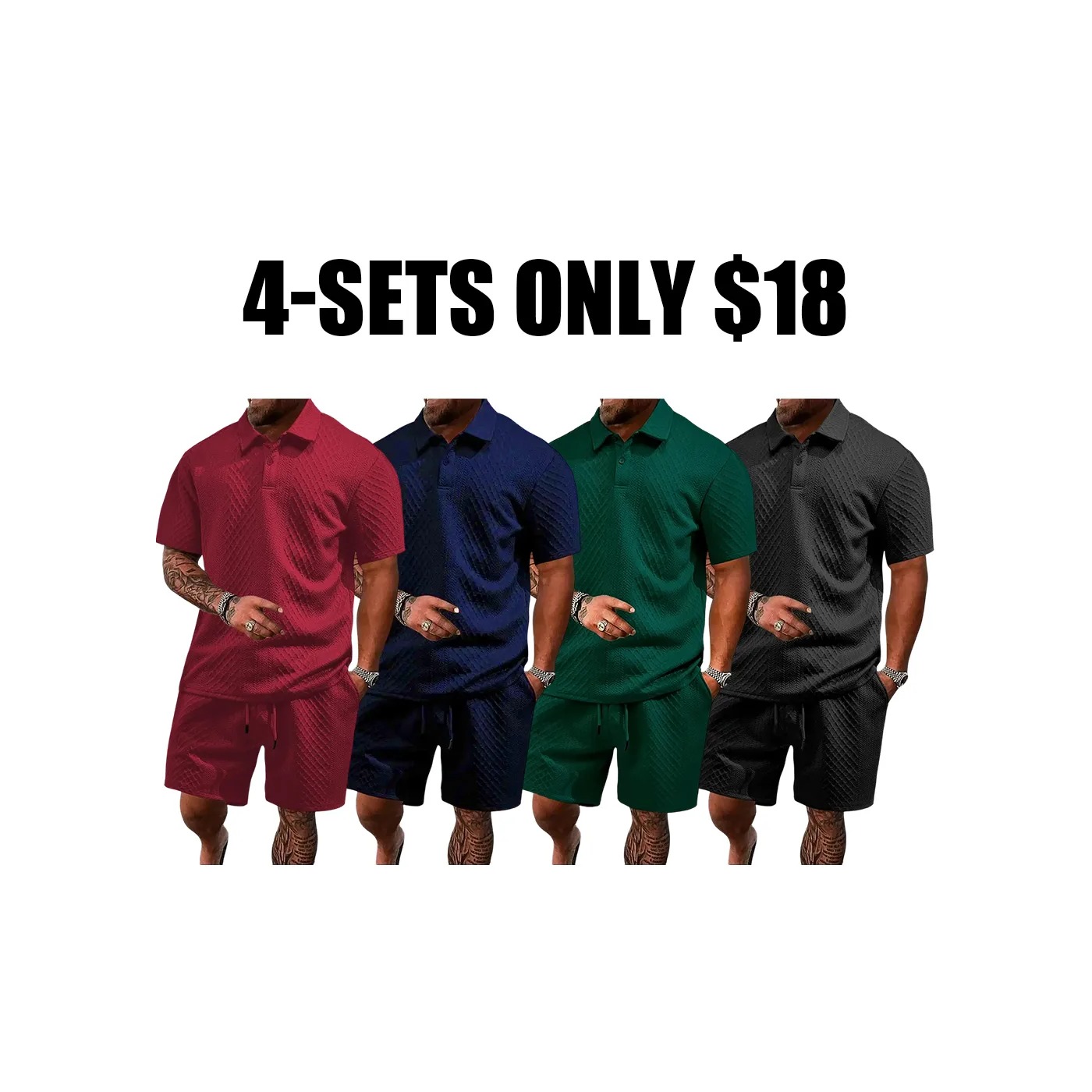 Men's Textured Polo Shirt & Drawstring Shorts Bundle Set