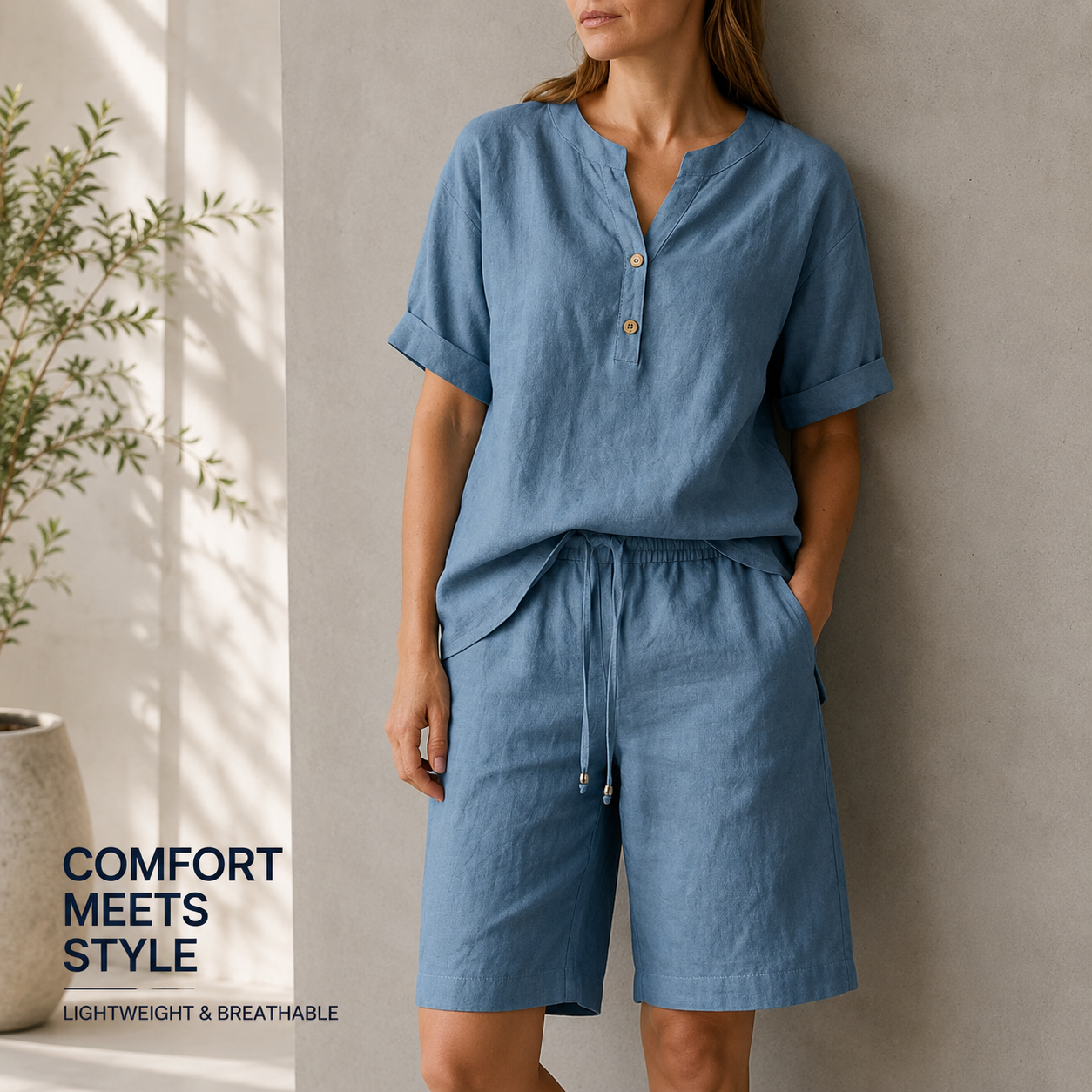 Washed Denim Blue relaxed top and shorts set front view