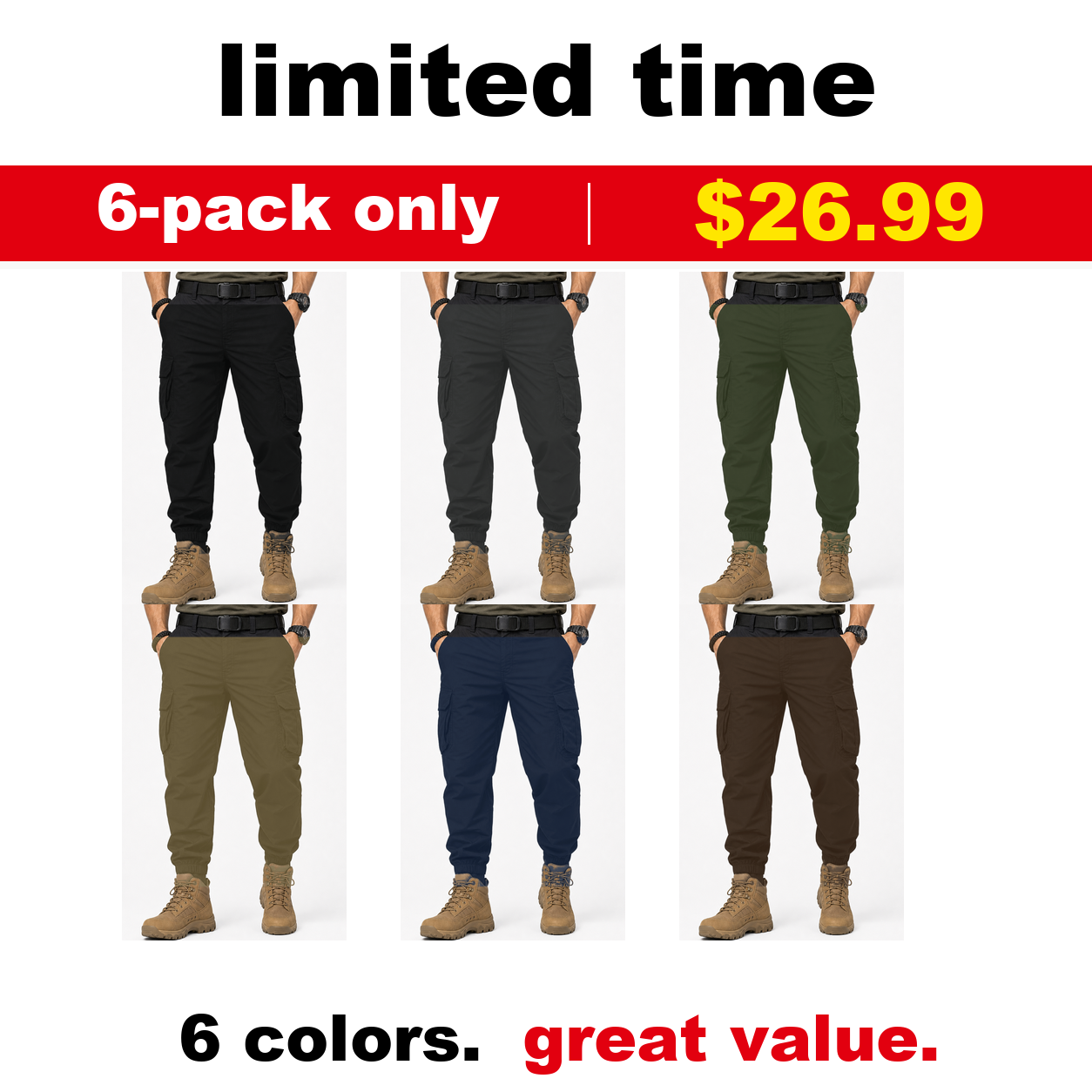 Pack & Save Men's Lightweight Tactical Cargo Jogger Pants, Elastic Cuff Utility Work Pants with Multi-Pocket Storage - Mixed 6-Pack