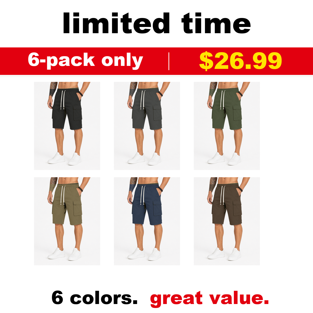 Pack & Save Men's Lightweight Drawstring Cargo Shorts, Elastic Waist Utility Summer Shorts with Multi-Pocket Storage