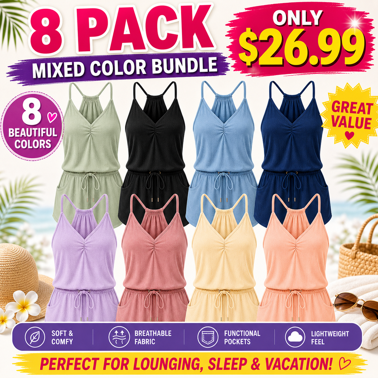 Limited Deal 8-Pack Women's Textured Modal Blend V-Neck Racerback Lounge Rompers