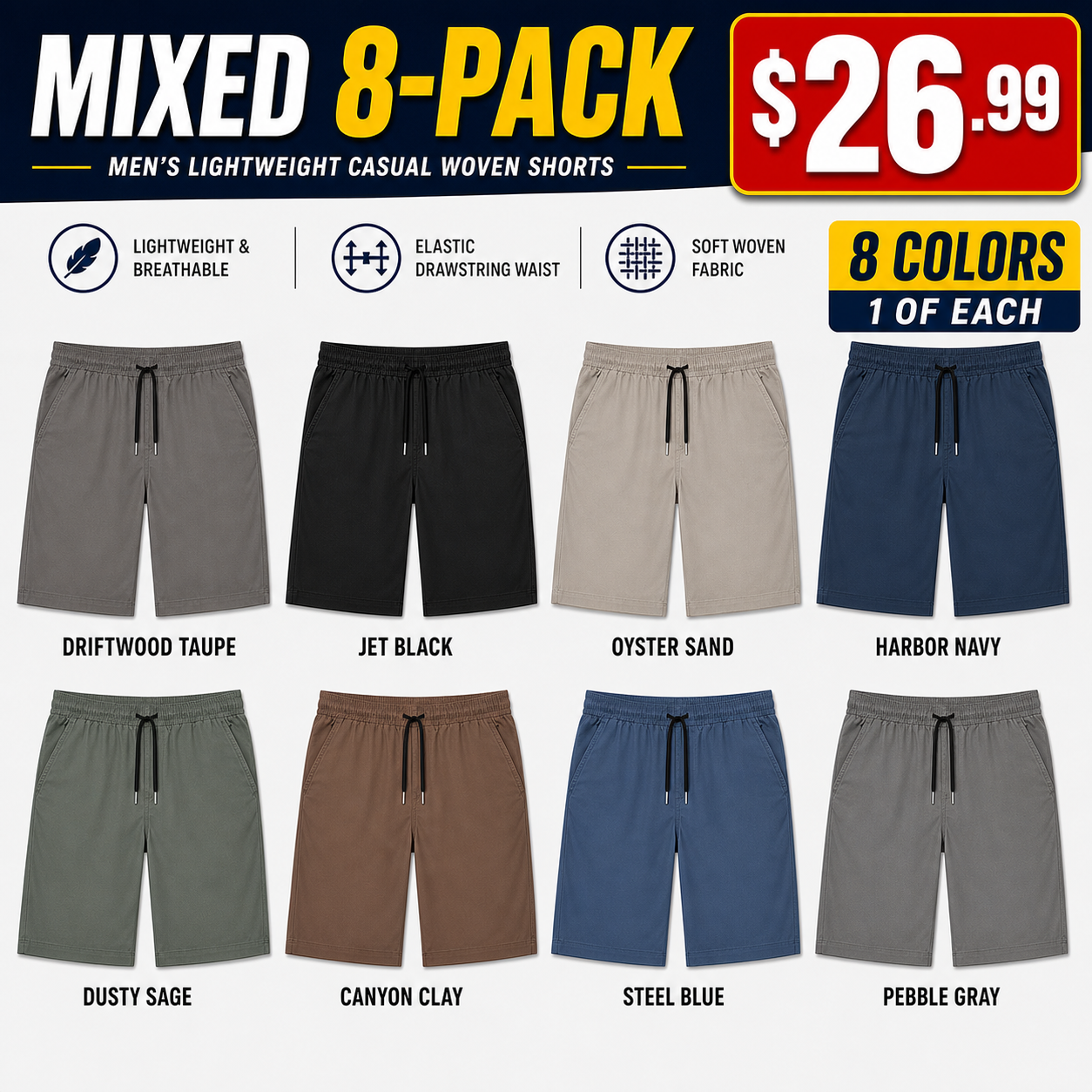 Mixed 8-Pack men's woven drawstring shorts bundle image