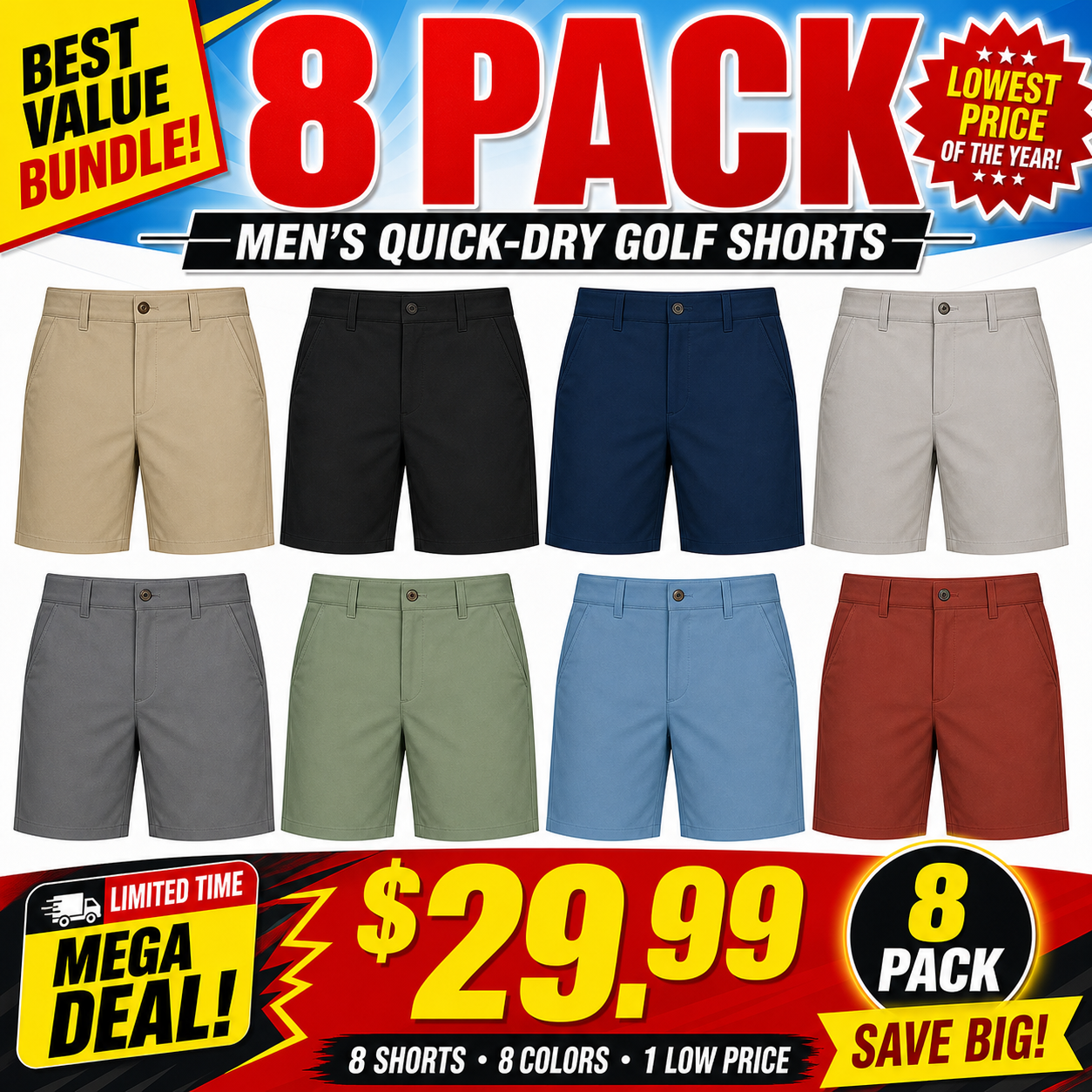 Mixed 8-Pack quick-dry golf shorts bundle