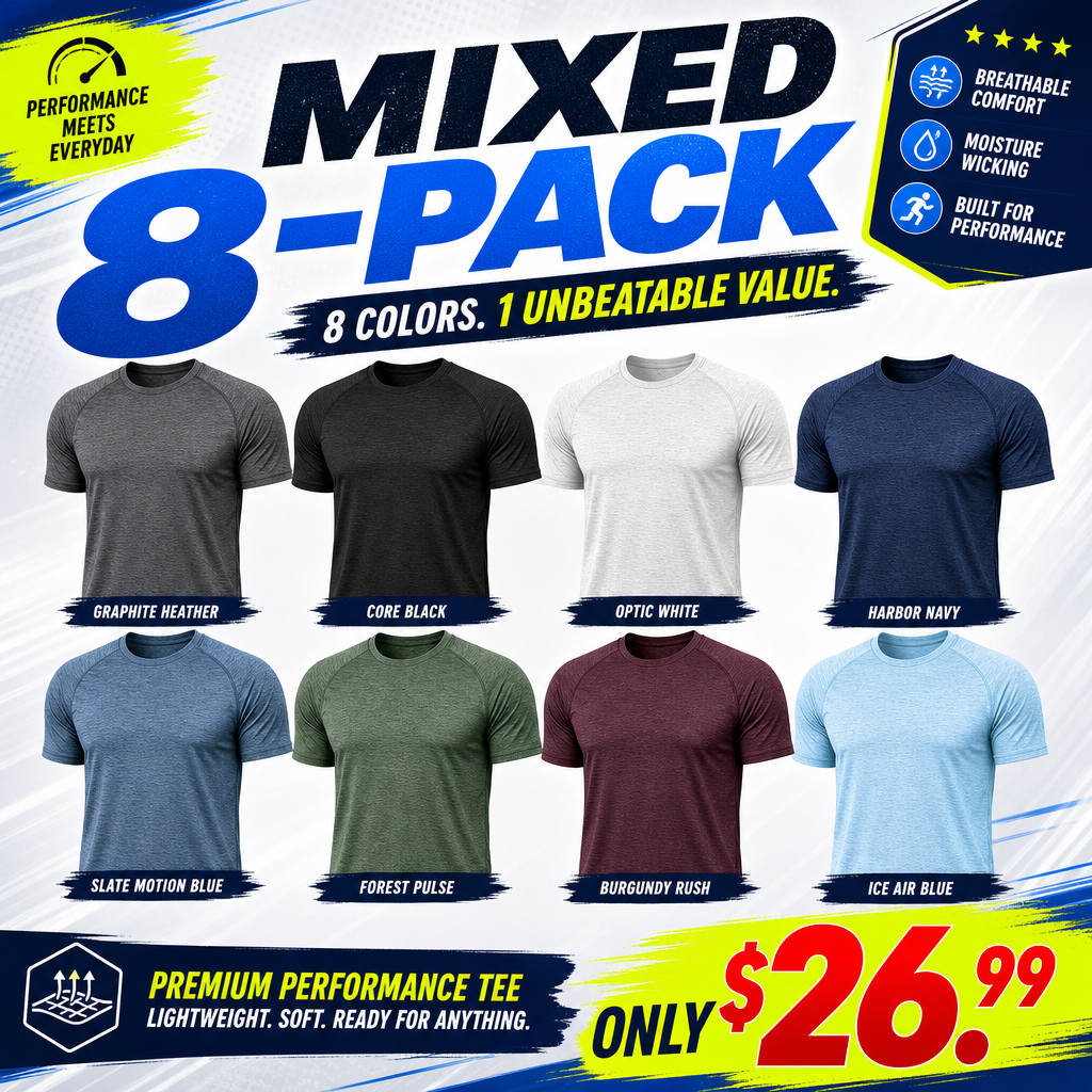 Pack & Save 8-Pack Men's Moisture-Wicking Raglan Performance T-Shirts（Note: Colors are customizable.)