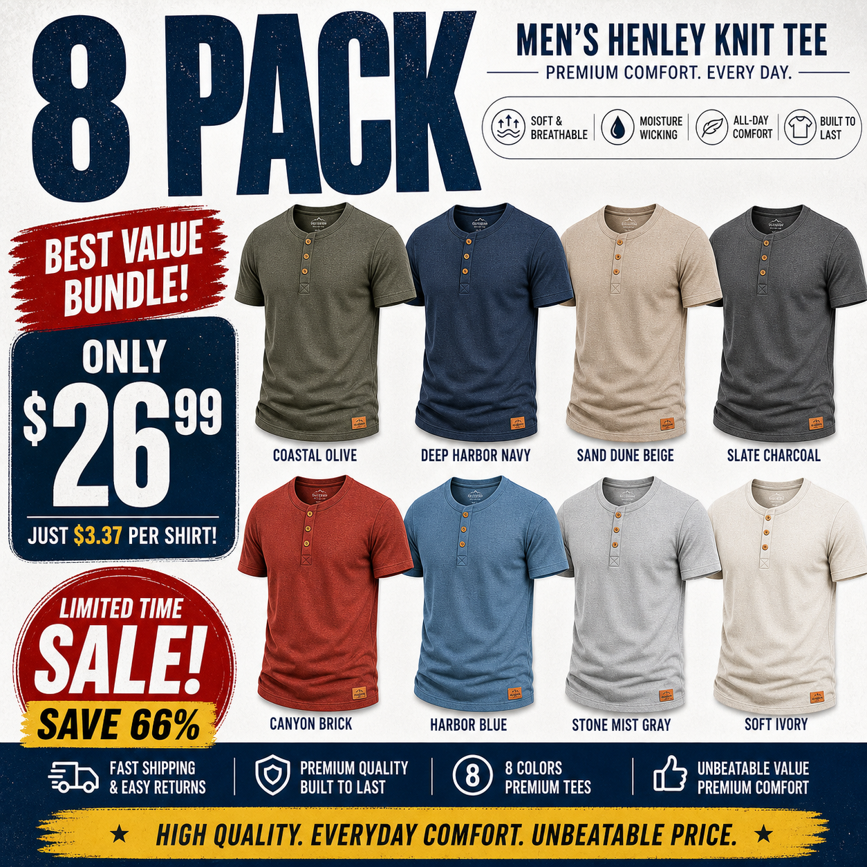 Pack & Save 8-Pack Men's Textured Breathable Henley Knit Tees, Short Sleeve Ribbed Collar Casual Fit（Note: Colors are customizable.)
