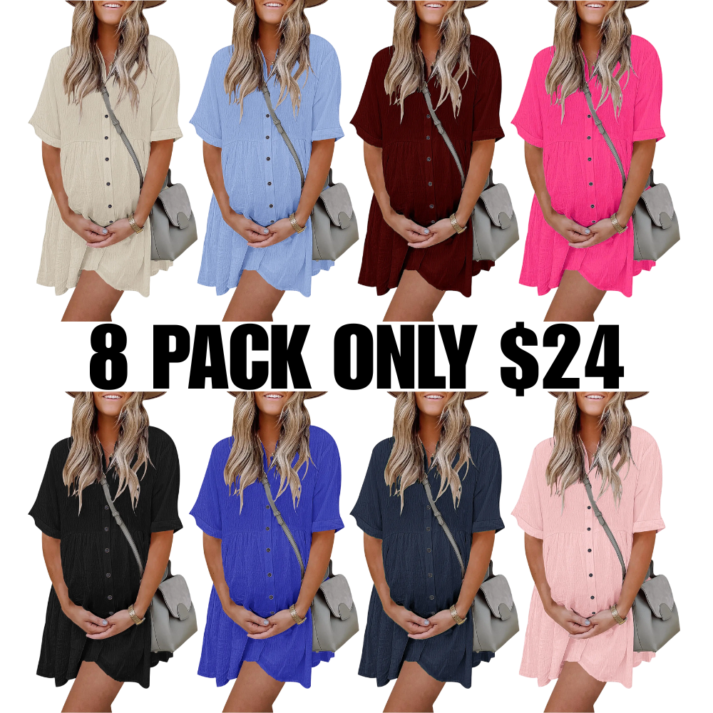 Babydoll Dress for Women Short Sleeve Button Down Textured Non-clingy Loose Fit Flowy Mini Dress with Pockets
