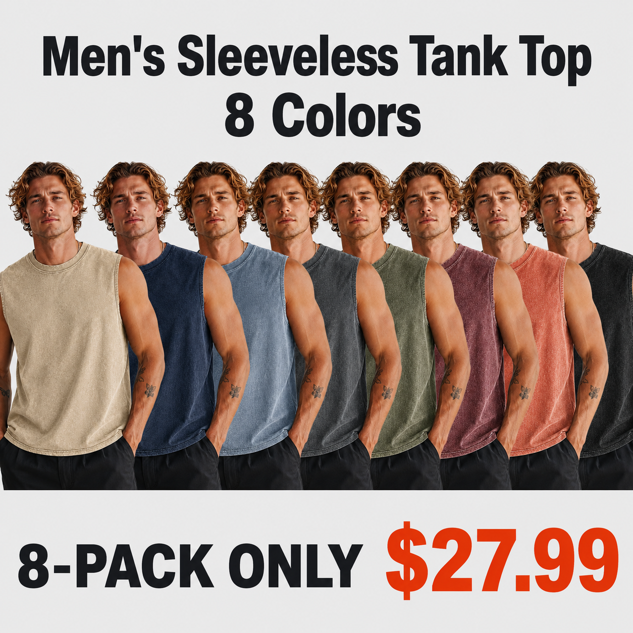 Mixed 8-Pack men's mineral-washed sleeveless tank tops