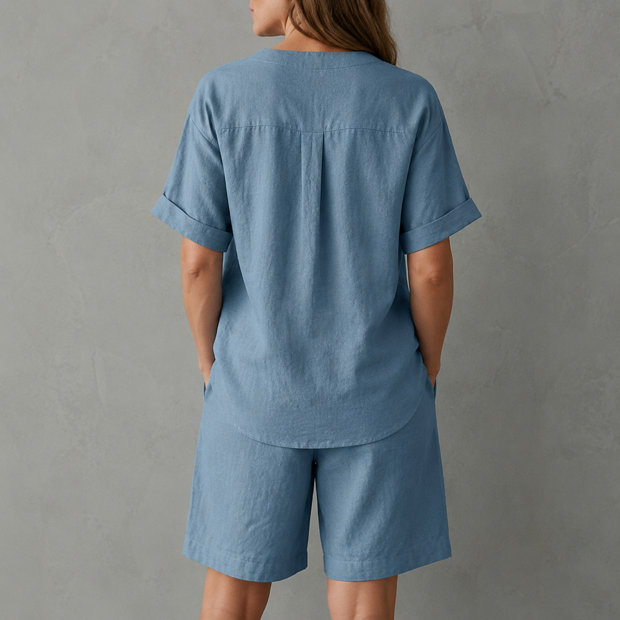 Washed Denim Blue relaxed top and shorts set back view