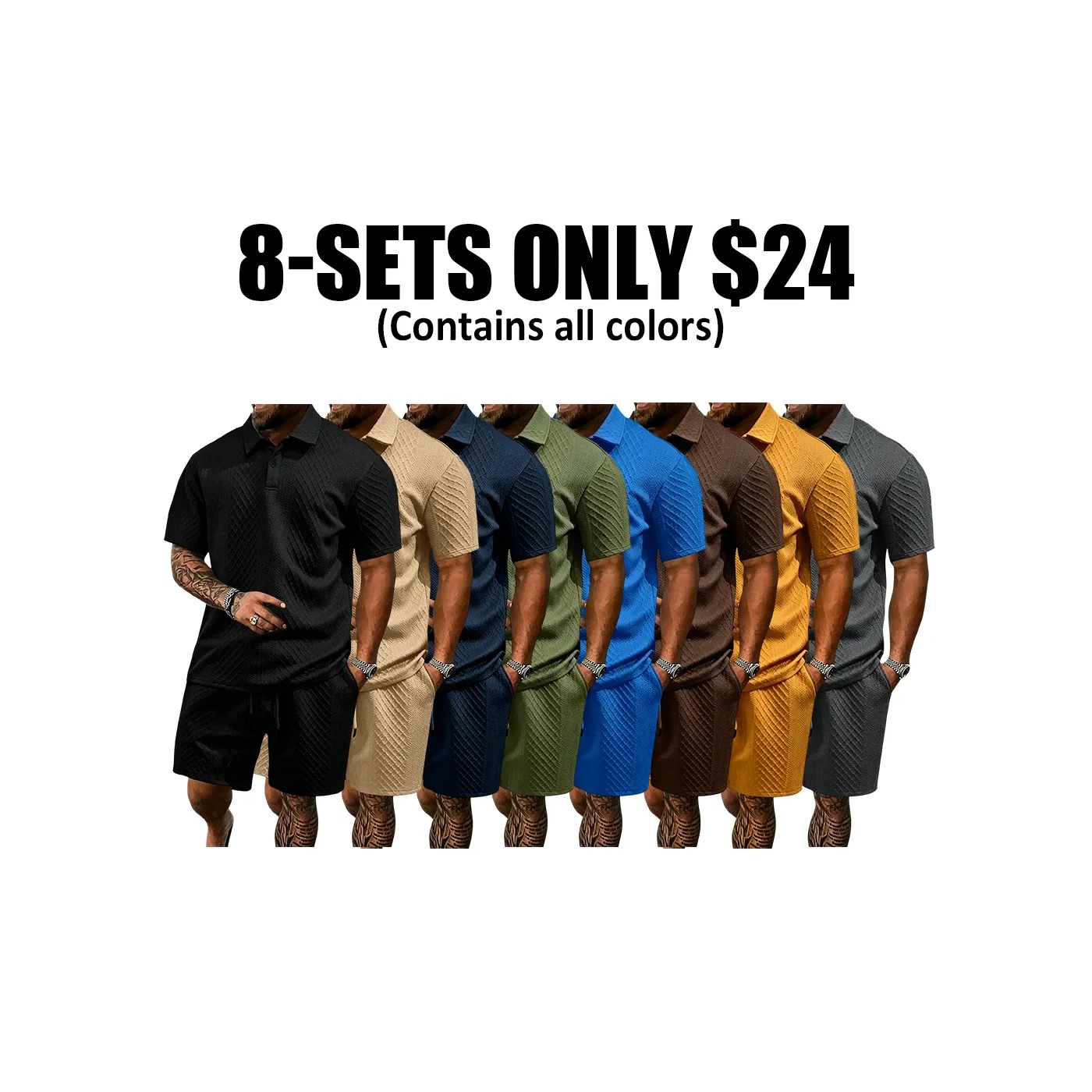 Men's Textured Polo Shirt & Drawstring Shorts Bundle Set